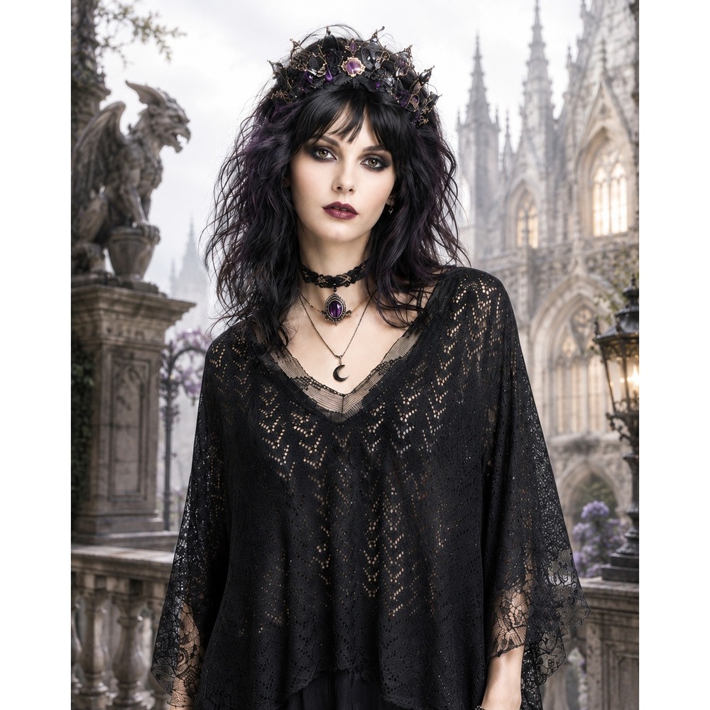 Alberto Makali 90s Black‎ Lace Sequin Chevron Poncho Embroidered Mesh